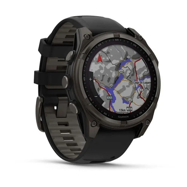 Смарт-годинник Garmin Fenix ​​8 – 47 мм, Solar Sapphire, титан з DLC-покриттям Carbon Gray та силіконовим ремінцем чорного/сірого кольору
