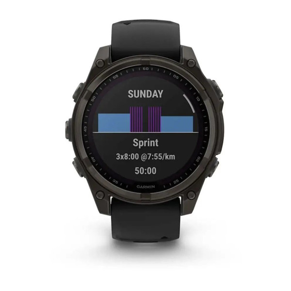 Смарт-годинник Garmin Fenix ​​8 – 47 мм, Solar Sapphire, титан з DLC-покриттям Carbon Gray та силіконовим ремінцем чорного/сірого кольору
