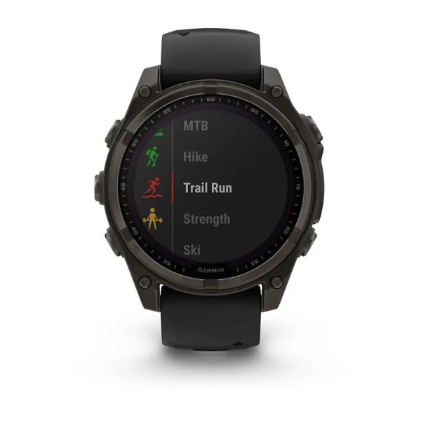 Смарт-годинник Garmin Fenix ​​8 – 47 мм, Solar Sapphire, титан з DLC-покриттям Carbon Gray та силіконовим ремінцем чорного/сірого кольору