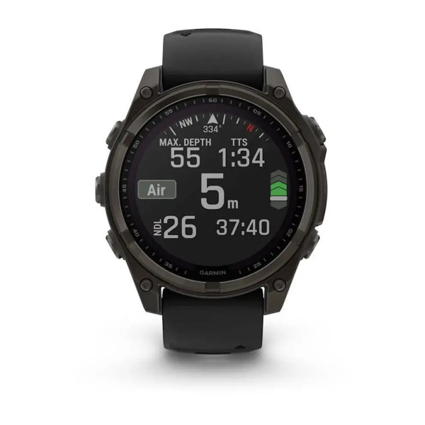 Смарт-годинник Garmin Fenix ​​8 – 47 мм, Solar Sapphire, титан з DLC-покриттям Carbon Gray та силіконовим ремінцем чорного/сірого кольору