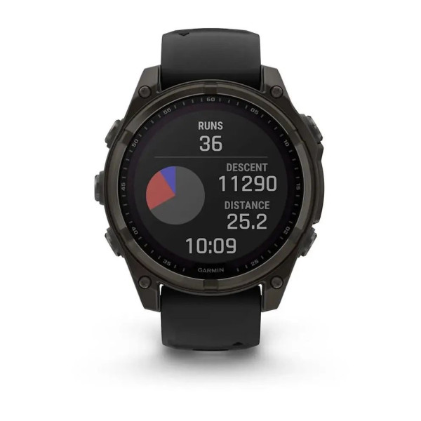 Смарт-годинник Garmin Fenix ​​8 – 47 мм, Solar Sapphire, титан з DLC-покриттям Carbon Gray та силіконовим ремінцем чорного/сірого кольору