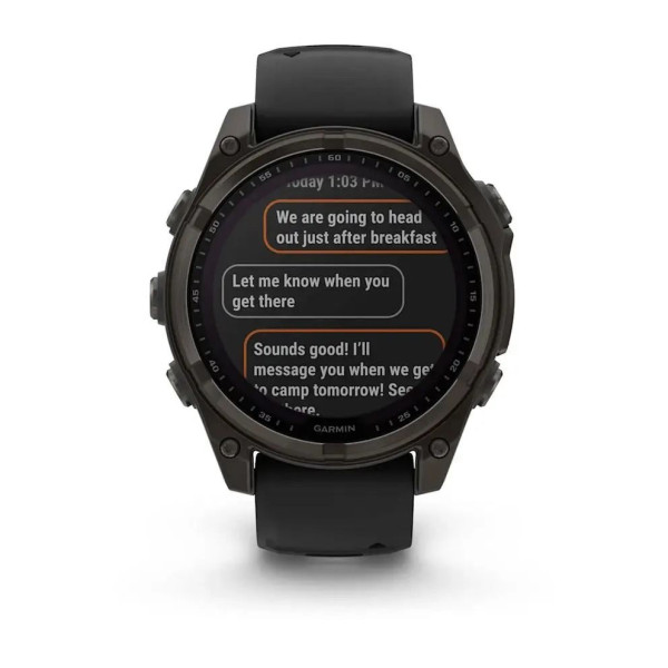 Смарт-годинник Garmin Fenix ​​8 – 47 мм, Solar Sapphire, титан з DLC-покриттям Carbon Gray та силіконовим ремінцем чорного/сірого кольору