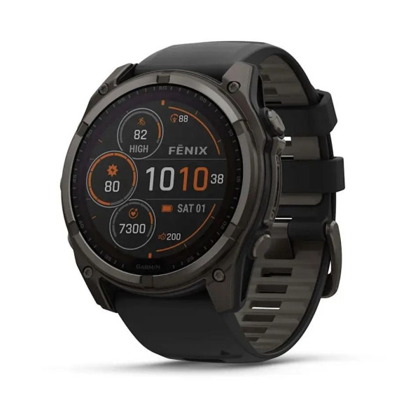 Смарт-часы Garmin Fenix 8 – 51 мм, Solar Sapphire, титан с DLC-покрытием Carbon Gray и силиконовым ремешком черного/серого цвета