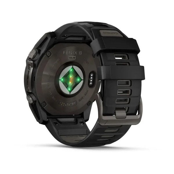Смарт-часы Garmin Fenix 8 – 51 мм, Solar Sapphire, титан с DLC-покрытием Carbon Gray и силиконовым ремешком черного/серого цвета