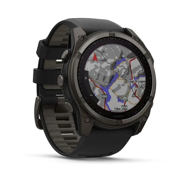 Смарт-часы Garmin Fenix 8 – 51 мм, Solar Sapphire, титан с DLC-покрытием Carbon Gray и силиконовым ремешком черного/серого цвета