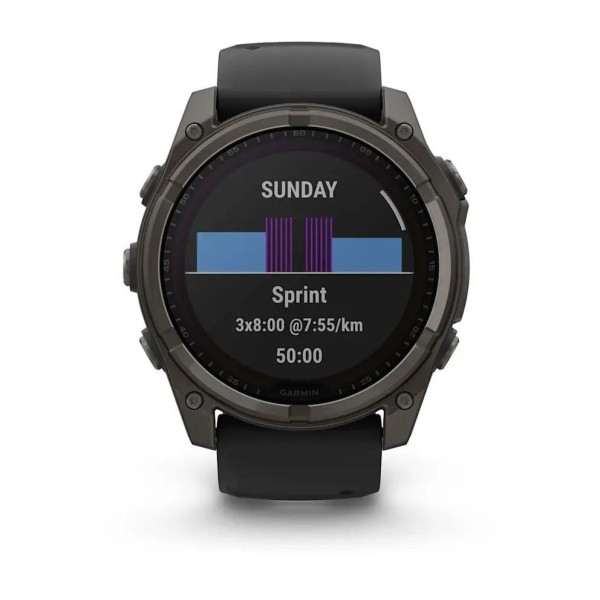 Смарт-часы Garmin Fenix 8 – 51 мм, Solar Sapphire, титан с DLC-покрытием Carbon Gray и силиконовым ремешком черного/серого цвета