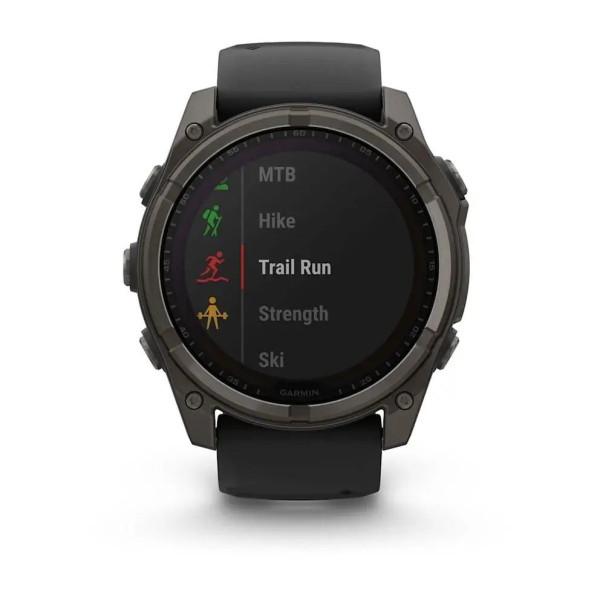 Смарт-часы Garmin Fenix 8 – 51 мм, Solar Sapphire, титан с DLC-покрытием Carbon Gray и силиконовым ремешком черного/серого цвета