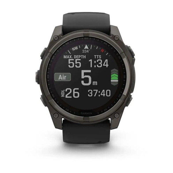 Смарт-часы Garmin Fenix 8 – 51 мм, Solar Sapphire, титан с DLC-покрытием Carbon Gray и силиконовым ремешком черного/серого цвета