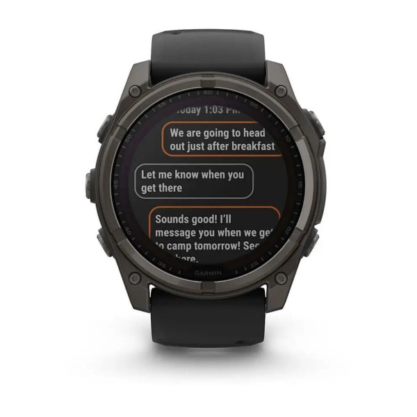 Смарт-часы Garmin Fenix 8 – 51 мм, Solar Sapphire, титан с DLC-покрытием Carbon Gray и силиконовым ремешком черного/серого цвета