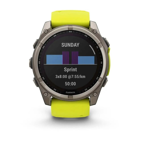 Garmin Fenix ​​8 Smartwatch - 51mm Solar Sapphire Titanium with Bright Yellow/Graphite Silicone Strap
