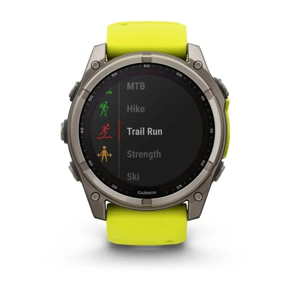 Garmin Fenix ​​8 Smartwatch - 51mm Solar Sapphire Titanium with Bright Yellow/Graphite Silicone Strap