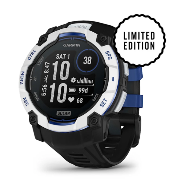 Garmin Instinct 3 (50mm) Solar Smartwatch, White Stone with Black and Blue Strap