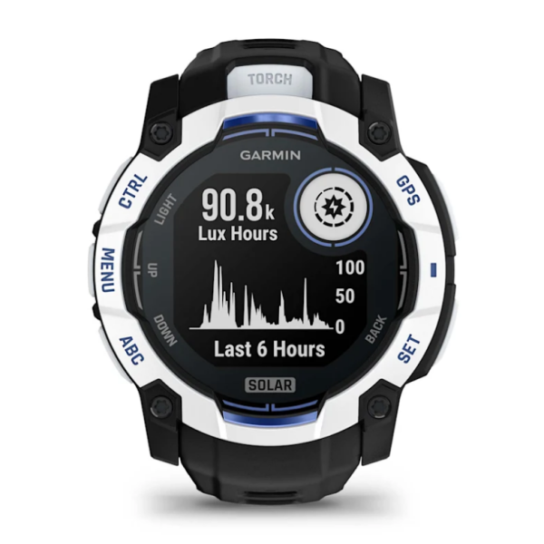 Garmin Instinct 3 (50mm) Solar Smartwatch, White Stone with Black and Blue Strap