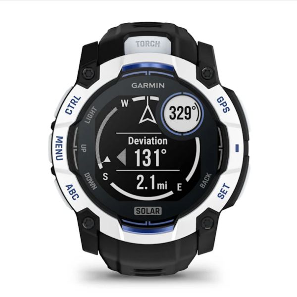 Garmin Instinct 3 (50mm) Solar Smartwatch, White Stone with Black and Blue Strap