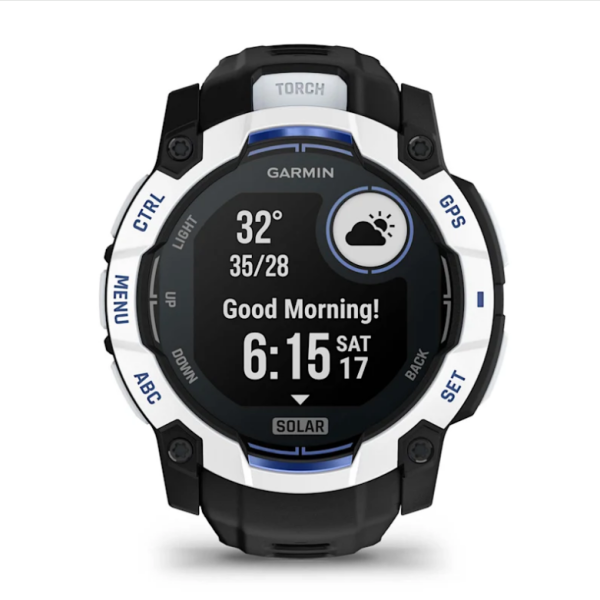 Garmin Instinct 3 (50mm) Solar Smartwatch, White Stone with Black and Blue Strap