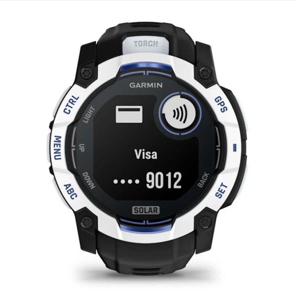 Garmin Instinct 3 (50mm) Solar Smartwatch, White Stone with Black and Blue Strap