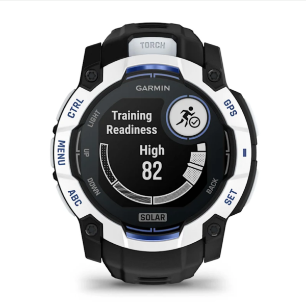 Garmin Instinct 3 (50mm) Solar Smartwatch, White Stone with Black and Blue Strap