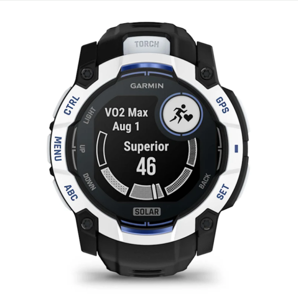 Garmin Instinct 3 (50mm) Solar Smartwatch, White Stone with Black and Blue Strap