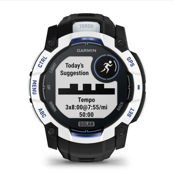 Garmin Instinct 3 (50mm) Solar Smartwatch, White Stone with Black and Blue Strap