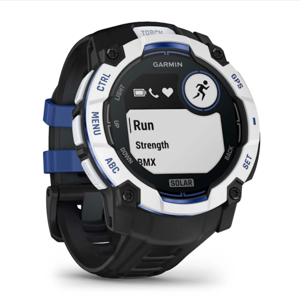 Garmin Instinct 3 (50mm) Solar Smartwatch, White Stone with Black and Blue Strap