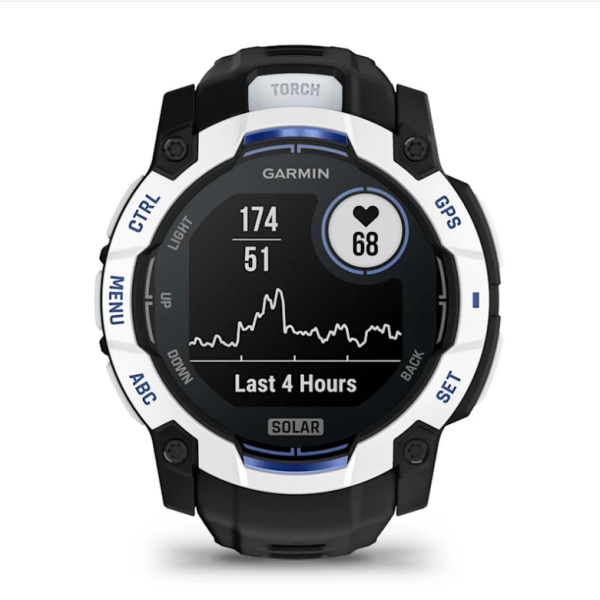 Garmin Instinct 3 (50mm) Solar Smartwatch, White Stone with Black and Blue Strap