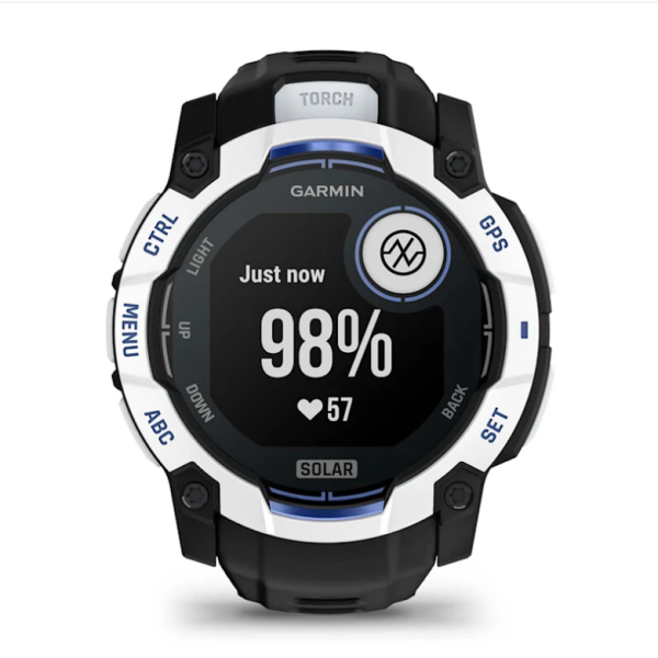 Garmin Instinct 3 (50mm) Solar Smartwatch, White Stone with Black and Blue Strap