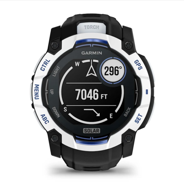 Garmin Instinct 3 (50mm) Solar Smartwatch, White Stone with Black and Blue Strap