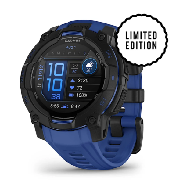 Garmin Instinct 3 (45mm) AMOLED Smartwatch, Black with Blue and Black Strap