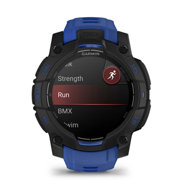 Garmin Instinct 3 (45mm) AMOLED Smartwatch, Black with Blue and Black Strap