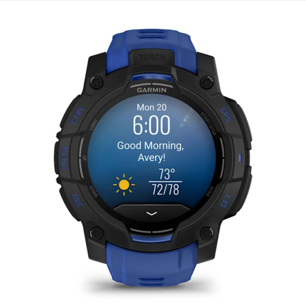 Garmin Instinct 3 (45mm) AMOLED Smartwatch, Black with Blue and Black Strap