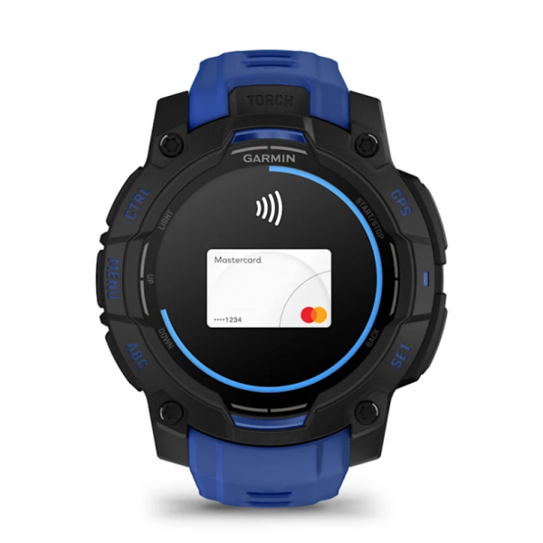 Garmin Instinct 3 (45mm) AMOLED Smartwatch, Black with Blue and Black Strap