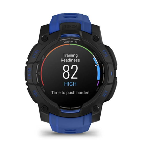 Garmin Instinct 3 (45mm) AMOLED Smartwatch, Black with Blue and Black Strap