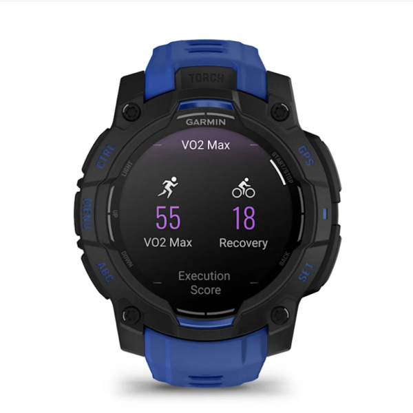 Garmin Instinct 3 (45mm) AMOLED Smartwatch, Black with Blue and Black Strap
