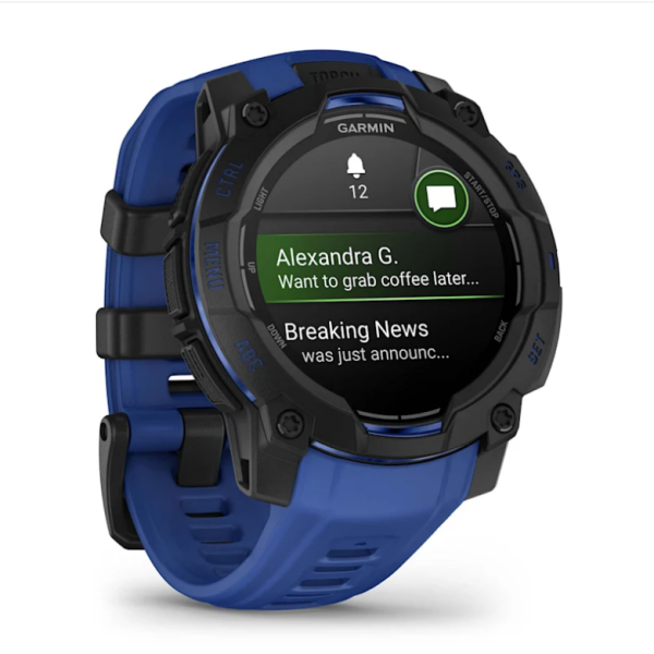 Garmin Instinct 3 (45mm) AMOLED Smartwatch, Black with Blue and Black Strap
