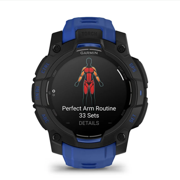 Garmin Instinct 3 (45mm) AMOLED Smartwatch, Black with Blue and Black Strap