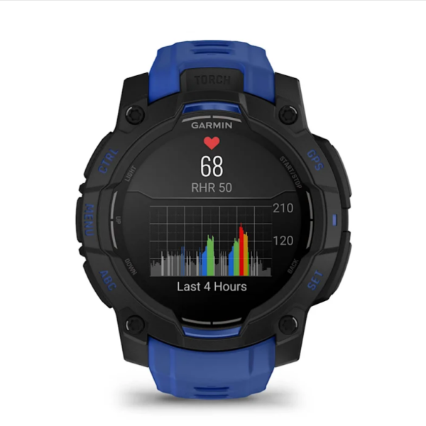 Garmin Instinct 3 (45mm) AMOLED Smartwatch, Black with Blue and Black Strap