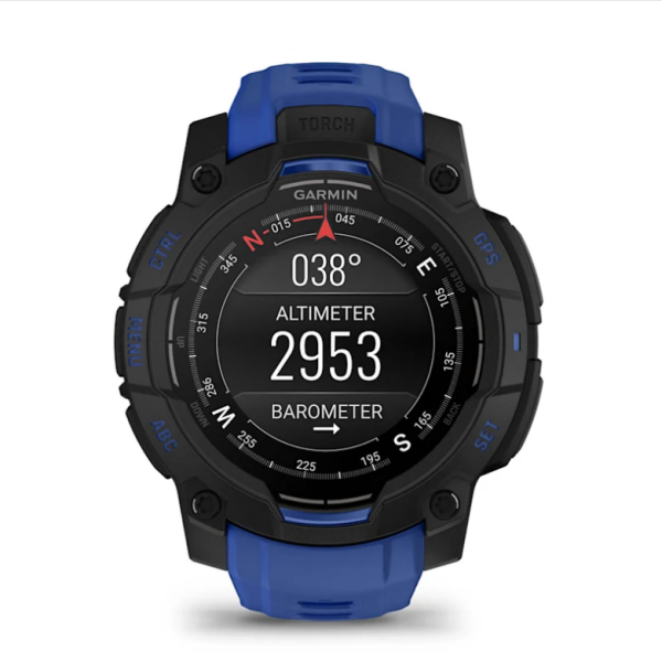 Garmin Instinct 3 (45mm) AMOLED Smartwatch, Black with Blue and Black Strap