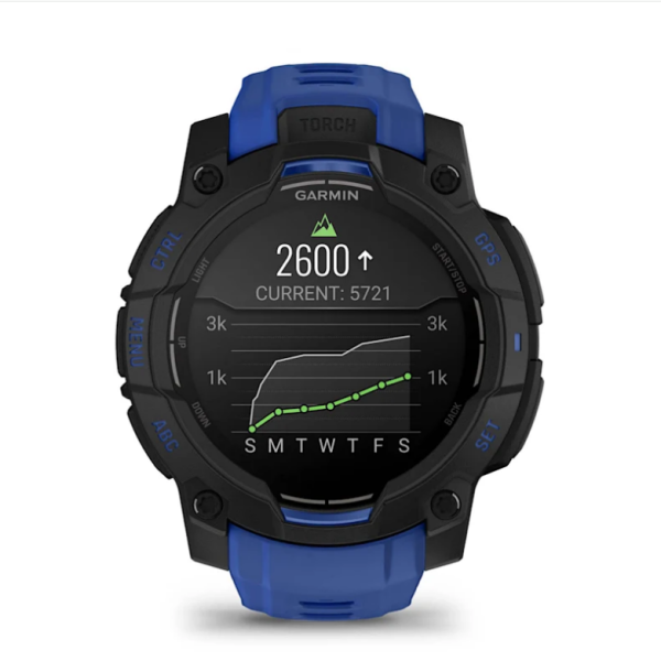Garmin Instinct 3 (45mm) AMOLED Smartwatch, Black with Blue and Black Strap