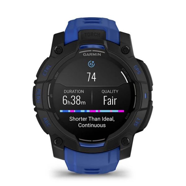 Garmin Instinct 3 (45mm) AMOLED Smartwatch, Black with Blue and Black Strap