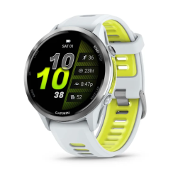 Смарт-годинник Garmin Forerunner 970 з титановим безелем, корпусом кольору білого каменю та біло-жовтим ремінцем