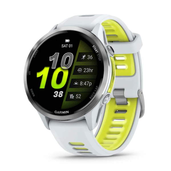Смарт-годинник Garmin Forerunner 970 з титановим безелем, корпусом кольору білого каменю та біло-жовтим ремінцем
