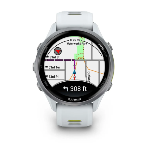 Смарт-годинник Garmin Forerunner 970 з титановим безелем, корпусом кольору білого каменю та біло-жовтим ремінцем