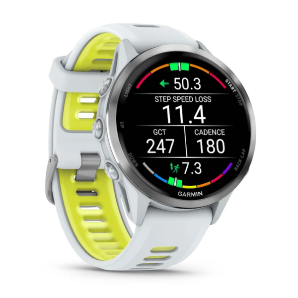 Смарт-годинник Garmin Forerunner 970 з титановим безелем, корпусом кольору білого каменю та біло-жовтим ремінцем