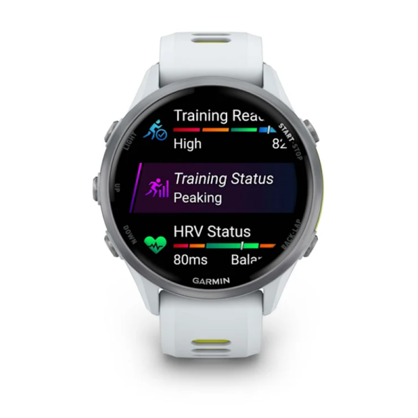 Смарт-годинник Garmin Forerunner 970 з титановим безелем, корпусом кольору білого каменю та біло-жовтим ремінцем