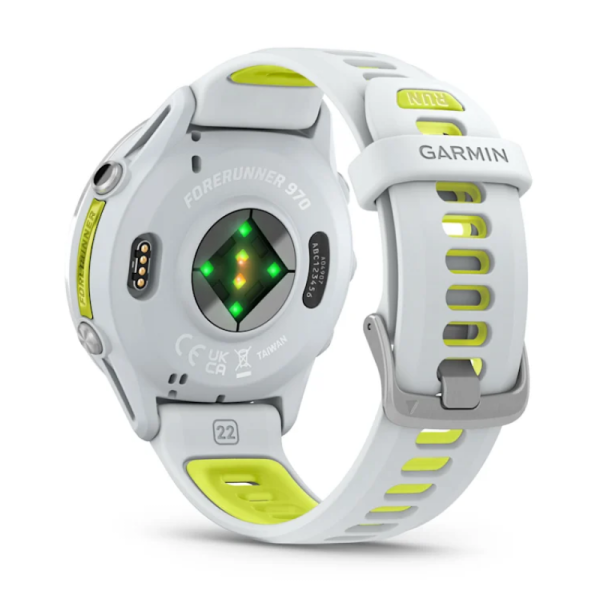 Смарт-годинник Garmin Forerunner 970 з титановим безелем, корпусом кольору білого каменю та біло-жовтим ремінцем