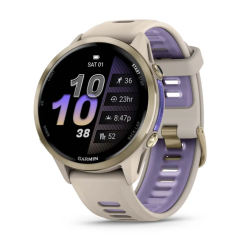 Смарт-годинник Garmin Forerunner 970 із золотистим титановим безелем, сірим корпусом та ремінцем кольору французький сірий/індиго
