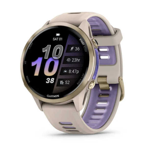 Смарт-годинник Garmin Forerunner 970 із золотистим титановим безелем, сірим корпусом та ремінцем кольору французький сірий/індиго