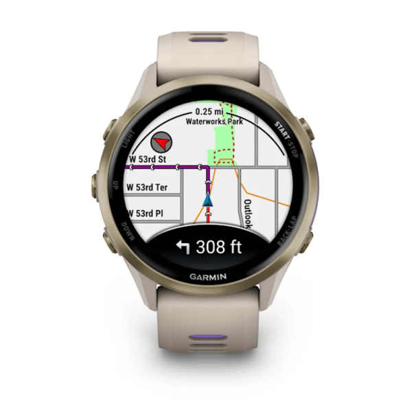 Смарт-годинник Garmin Forerunner 970 із золотистим титановим безелем, сірим корпусом та ремінцем кольору французький сірий/індиго