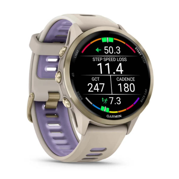 Смарт-годинник Garmin Forerunner 970 із золотистим титановим безелем, сірим корпусом та ремінцем кольору французький сірий/індиго