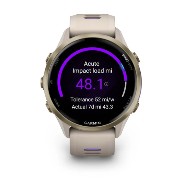 Смарт-годинник Garmin Forerunner 970 із золотистим титановим безелем, сірим корпусом та ремінцем кольору французький сірий/індиго